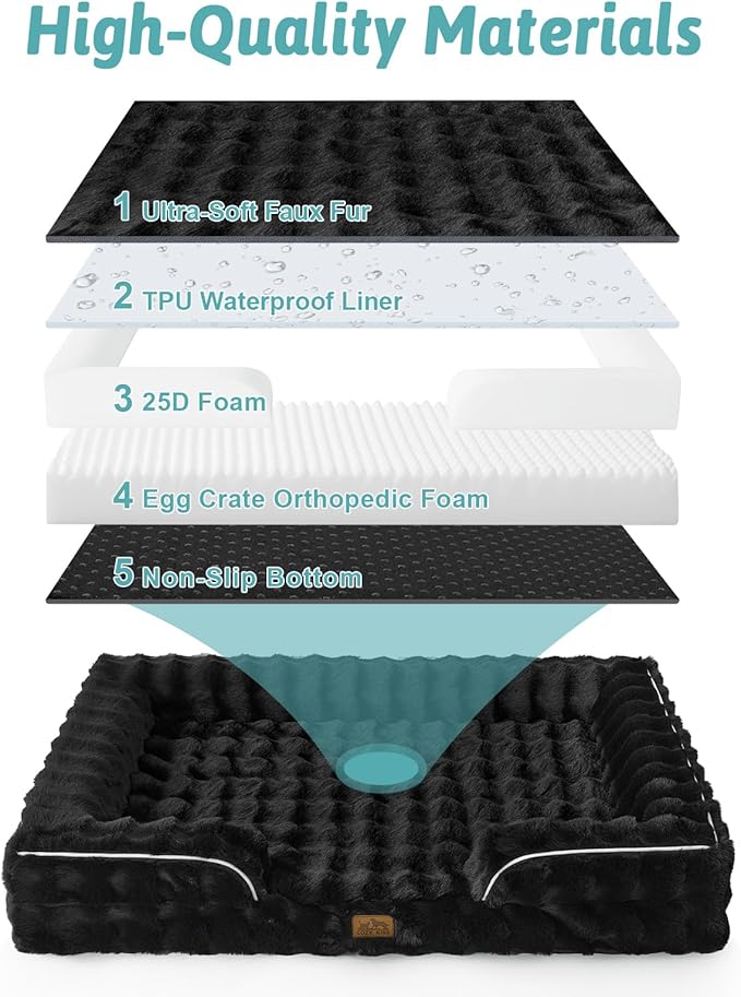 COZY KISS Orthopedic Dog Bed for Large Medium Size Dog, Soft and Warm Faux Fur Sofa for Pet Up to 75 lbs, Foam Bolster Anti-Slip Couch with Washable Removable Cover, L 36x27x6.5 inch, Black