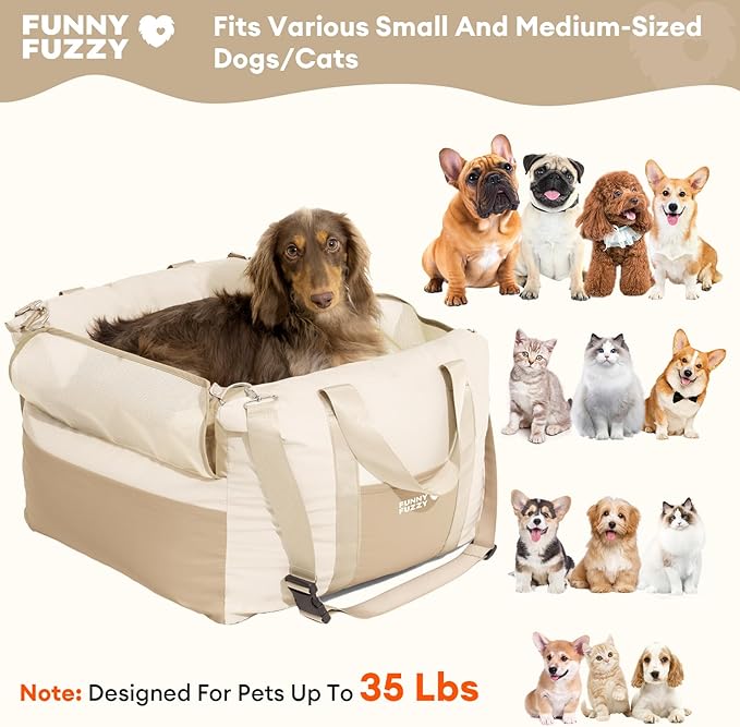 FUNNY FUZZY Dog Car Seat Waterpoof for Small & Medium Dogs Up to 35lbs, Detachable & Washable Pet Booster Seat with Leash, Thick Cushion, Storage Pockets & Adjustable Straps (Beige)