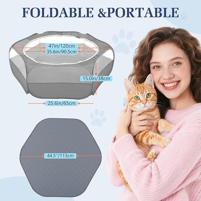 2-in-1 Small Animals Playpen with Pad, Waterproof Small Pet Cage Tent with Reusable Pad, Portable Outdoor Yard Fence with 3 Metal Rod for Chick/Kitten/Puppy/Guinea Pig/Rabbits/Chinchillas, Gray+Gray