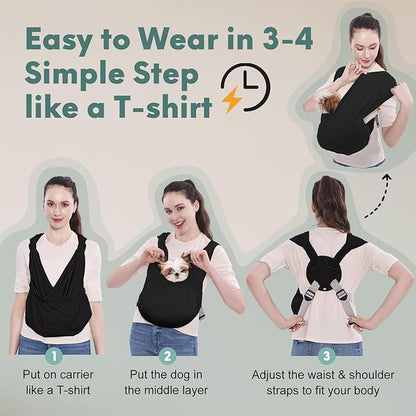 Supet Dog Sling Carrier for Small Pets, Hands Free Cat Sling, Reducing Back Neck Pain Anti-Anxiety Puppy Front, Adjustable Soft Dog Carrying (Black-2, Plus 7-15 Lbs)