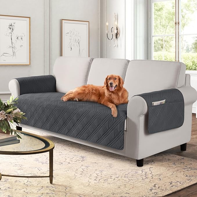 TAOCOCO Waterproof Couch Covers for Pets Dogs with Non Slip Backing, Sofa Seat Covers with Side Pocket for 3 Cushion Couch Washable Dog Couch Cover Protector Sofa Slipcovers(Sofa, Charcoal Gray)