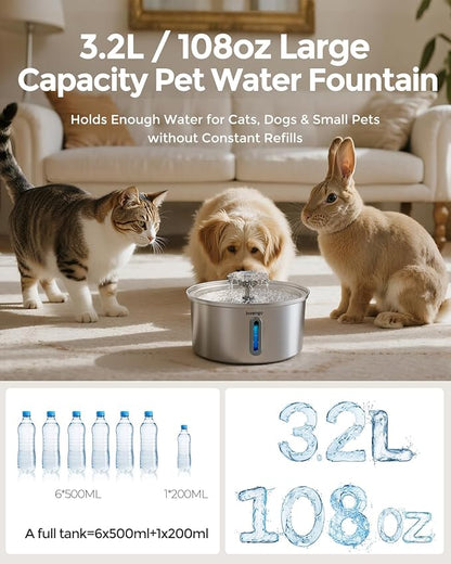 Cat Water Fountain Stainless Steel 3.2L/108oz, Invengo Automatic Pet Fountain for Cats & Dogs, Ultra Quiet <25 dB Pump, Includes 8 Replacement Filters & Sponges, LED Water Level Window, Easy to Clean