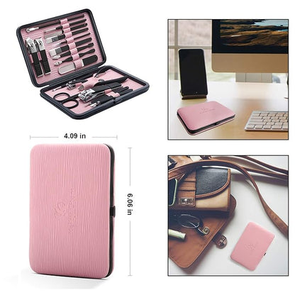 Manicure Set Professional Nail Clippers Kit Pedicure Care Tools- Stainless Steel Women Grooming Kit 18Pcs for Travel or Home (Pink)