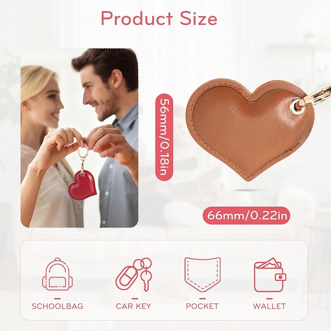 Leather Charm Keychain Holder Case Compatible with AirTag,Cute Protective Heart-Shaped Cover with Luxe Ring Clip,Finder GPS Tracker Case for Wallet Keys,Bag,Pets(Brown)