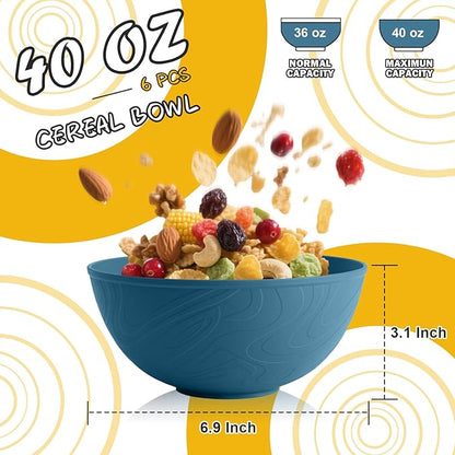 Unbreakable Large Cereal Bowls 40 OZ, Wheat Straw Bowls Set of 6, Alternative Plastic Bowls for Kitchen, Outdoors, Microwave & Dishwasher Safe Bowl Set for Salad, Cereal, Soup, Ramen, Multi