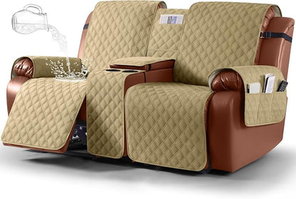 Ruaozz Waterproof Loveseat Recliner Cover with Console Non-Slip Reclining Couch Covers Split Sofa Slipcovers with Elastic Straps Furniture Protector for Kids, Dogs, Pets (Sand, 2 Seater)