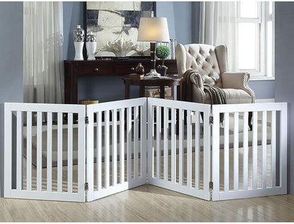 unipaws 24”H Free Standing Pet Gate for Dog Cat, Wooden Gates for Doorway, Stairs, Step Over Foldable Pet Fence for The House, Expandable Dog Barrier, Indoor Use, White