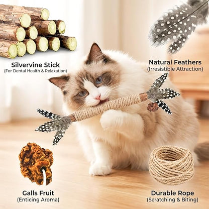 Cat Toys,3 Pack Silvervine Cat Feather Toy Kitten Chew Stick Catnip Treat for Cleaning Teeth Indoor Kitty Teaser Wand Molar Snack Interactive Pet Rabbit Bunny Hamster