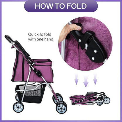 BestPet Pet Stroller Dog Cat Jogger Stroller for Medium Small Dogs Cats Folding Lightweight Travel Stroller with Cup Holder (Purple, 4 Wheels)
