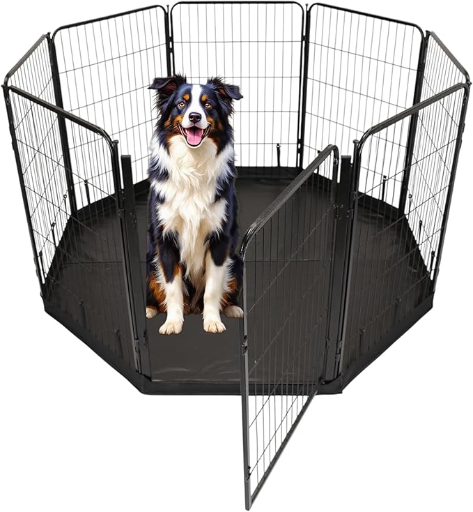 Dog Playpen w/Octagon Bottom Floor Cover - 40 inch, 8 Panel Portable Black Metal Pet Play Pen for Medium & Large Dogs - Indoor/Outdoor Kennel Cage for Home, Yard, RV, or Camping