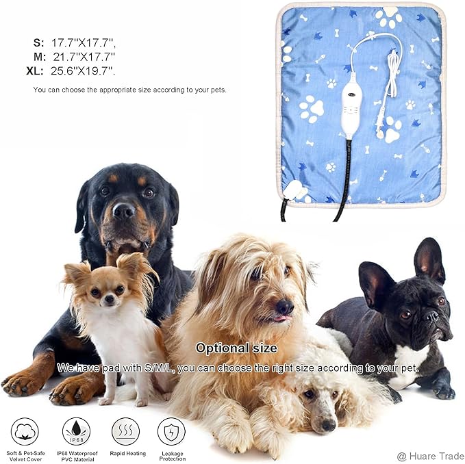 HOTDOG Pet Heating Pad, Adjustable Temperature, Waterproof Heating Pad with Chew Resistant Cord, 21.7''X17.7'' Blue