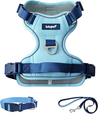 3 in 1 No Pull Dog Harness Leash and Collar Set, Soft Adjustable Dogs Vest Reflective and Comfortable Handle Blue Small