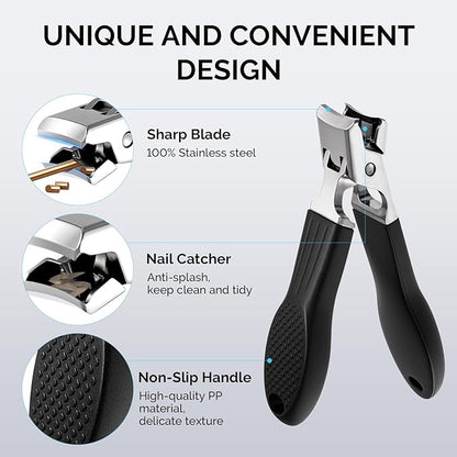 MelodySusie Wide Jaw Opening Nail Clippers Set, 2 pcs Toenail Clippers for Seniors Thick Nails, Anti-Splash Curved and Slanted Nail Clippers for Men Women, Fingernail Cutter with Catcher, Black