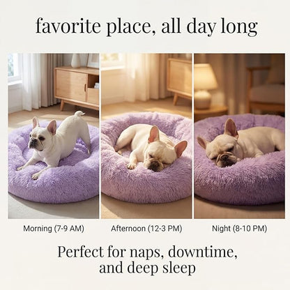 Calming Dog Bed for Medium Dogs Washable Donut 30 inches Anti-Slip Pet Bed,Round Fluffy Plush Faux Fur Cat Bed,Fits up to 45 lbs Pets,Purple
