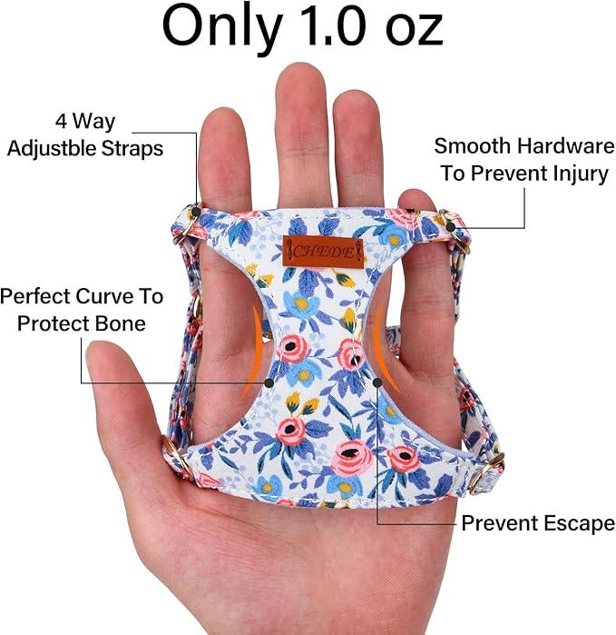 CHEDE No Pull Floral Pattern Dog Harness- Lightweight and Soft Harness, Adjustable Small Dog Harness and Leash Set, with Dog Leash, Suitable for Puppy Small and Medium-Sized Dog (XXS, Blue Rose)