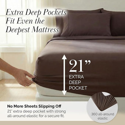 Southshore Fine Living, Inc. 6-Piece Cal King Sheet Set, 21-Inch California King Sheets Deep Pocket, Fitted and Flat Sheet Set, Chocolate Brown Pillow Cases Standard Size, Chocolate Brown Sheets