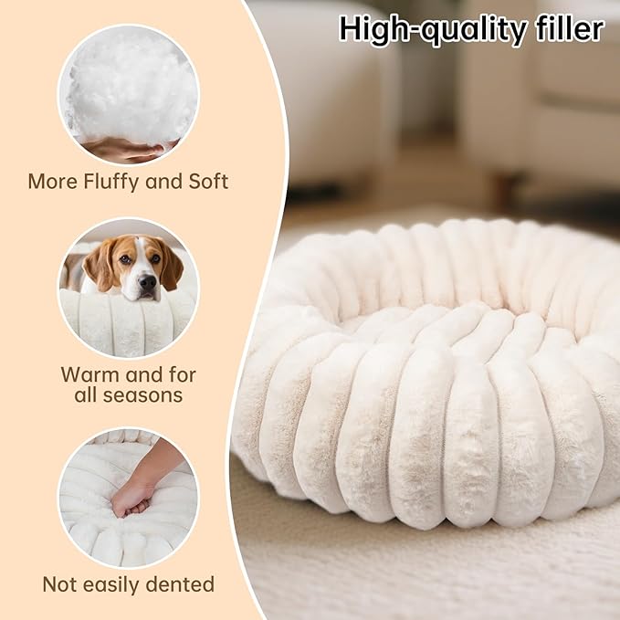 Warming Faux Rabbit Fur Pet Beds – Luxurious Donut Dog & Cat Bed, Anti-Anxiety Calming Cuddler Bed for Small Medim Dogs, Washable Round Puppy Kitten Beds, Non-Slip Bottom(31x31x8, White)