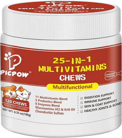 Dog Multivitamin Chewable, with Glucosamine Chondroitin, Digestive Enzymes & Probiotics, for Digestion Support, Immune, Skin, Coat, Joints & Bones Healthy, 120 Chews