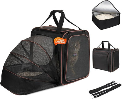 Large Cat Travel Carrier with Litter Box, 17.3"×13"×16" Expandable Cat Carrier for Car Travel, Soft Sided Pet Carrier for Cats/Puppies up to 25lbs, Black