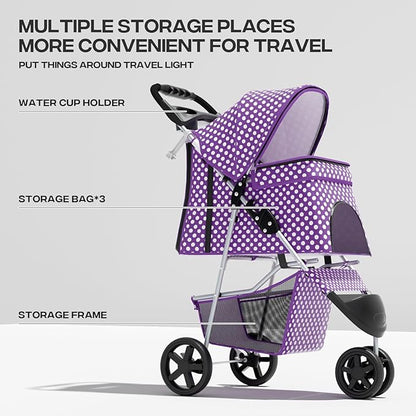 Pet Stroller for Small Dogs 10 lbs, Dog Stroller for Medium Dogs 30 lbs, Cat Strollers for 2 Cats, 3 Wheels Foldable Jogger Puppy Stroller with Storage Basket and Cup Holder, Purple Polka Dots