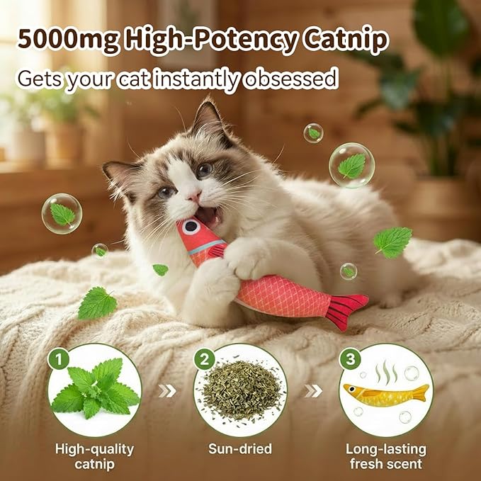 Catnip Toys for Indoor Cats with 5000mg Natural 2 Pack Fish Cat Toys with Hidden Bell Interactive Chew Kicker Toy with Crinkle Paper for Kitten Exercise Red Green