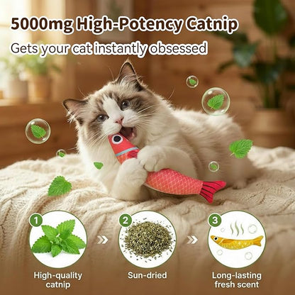 Catnip Toys for Indoor Cats with 5000mg Natural 2 Pack Fish Cat Toys with Hidden Bell Interactive Chew Kicker Toy with Crinkle Paper for Kitten Exercise Red Green