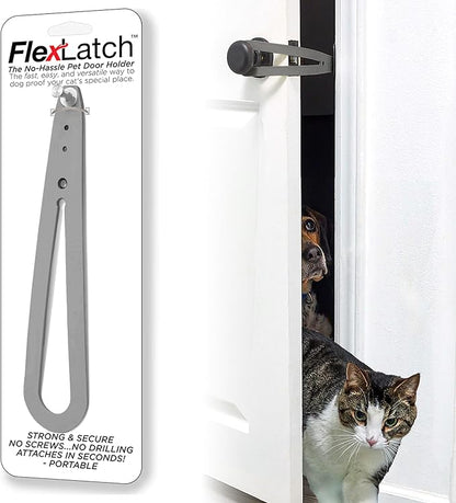 FlexLatch Cat Door Holder Latch - Gray Cat Door Alternative, Flex Latch Strap Let's Cats in and Keeps Dogs Out of Litter and Food Safe Baby Proof One Piece No Measuring Extra Easy