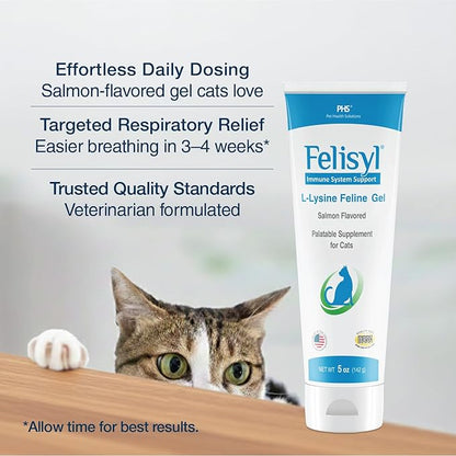 Felisyl L-Lysine Gel for Cats & Kittens (5oz) – Immune System, Respiratory & Eye Health Support. Reduces Sneezing, Runny Nose & Watery Eyes. Daily Salmon-Flavor Supplement – Made in USA (2 Pack)