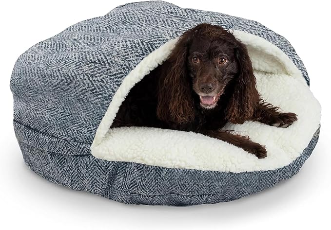 Snoozer Cozy Cave Dog Bed - Indoor Dog Bed with Cover Cave, Covered Calming Burrow for Small & Medium Sized Pets with Blanket Attached, Enclosed, Removable Washable Cover - Large, Palmer Indigo