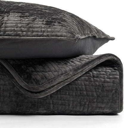 EVERGRACE Velvet Quilt Set Queen Size, Luxurious Soft Quilted Bedding Sets, Lightweight Velvet Comforter for All Season, Striped Channel Bedspread Coverlet with 2 Shams, Washed Black