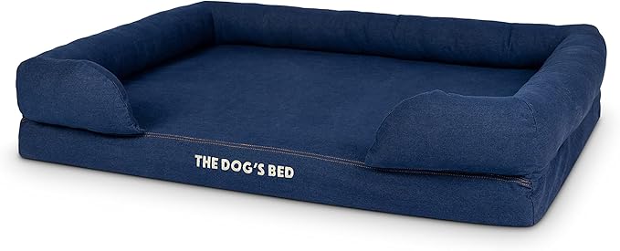 The Dog’s Bed Orthopedic Memory Foam Dog Bed with Bolsters for XL Dogs, Waterproof Washable Cover, Anti-Slip Base, Calming Surface – CertiPUR-Certified Foam, Denim Fabric, Blue Denim, XL
