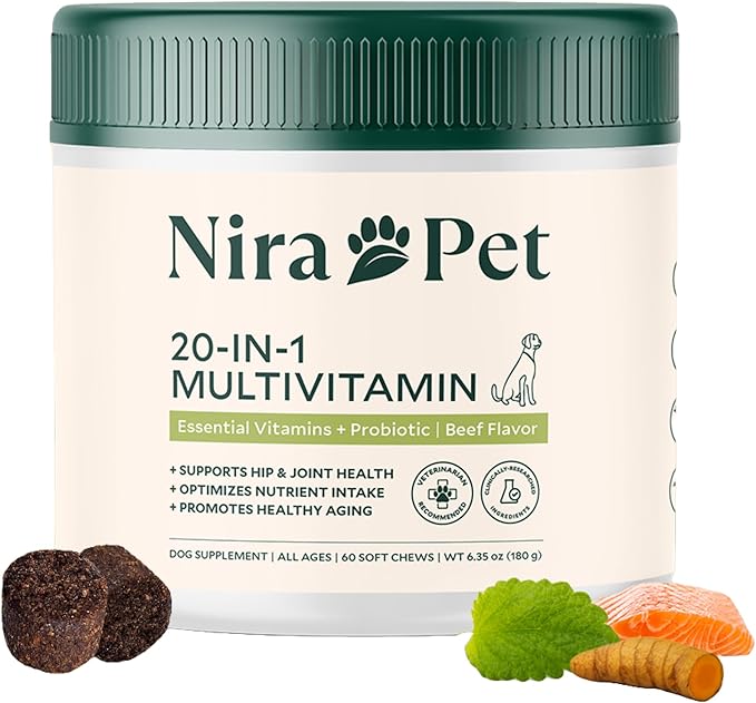 Nira Pet 20-in-1 Multivitamin for Dogs – Beef Flavor – 60 Soft Chews with Glucosamine, Probiotics, MSM, Turmeric & Salmon Oil – Joint, Skin, Coat & Digestive Support