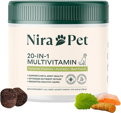 Nira Pet 20-in-1 Multivitamin for Dogs – Beef Flavor – 60 Soft Chews with Glucosamine, Probiotics, MSM, Turmeric & Salmon Oil – Joint, Skin, Coat & Digestive Support