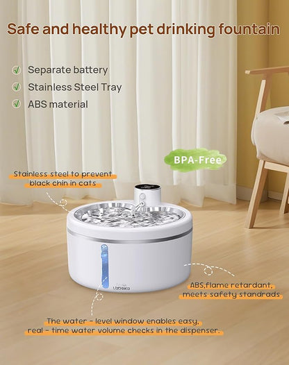 Wireless Cat Water Fountain with Stainless Steel Tray, 84oz/2.5L Pet Fountain for Cats Inside, Cat Fountain for Drinking with Motion Sensor, Ultra Quiet Pump for Pets&Small Animals (84oz+8Filters)