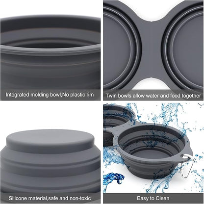 SLSON Collapsible Dog Bowls,Integrated Molding Dog Double Bowl No Plastic Rim 2 in 1 Foldable Pet Food & Water Bowl Cat Feeder Dish for Walking,Hiking,Camping (Dark Grey)