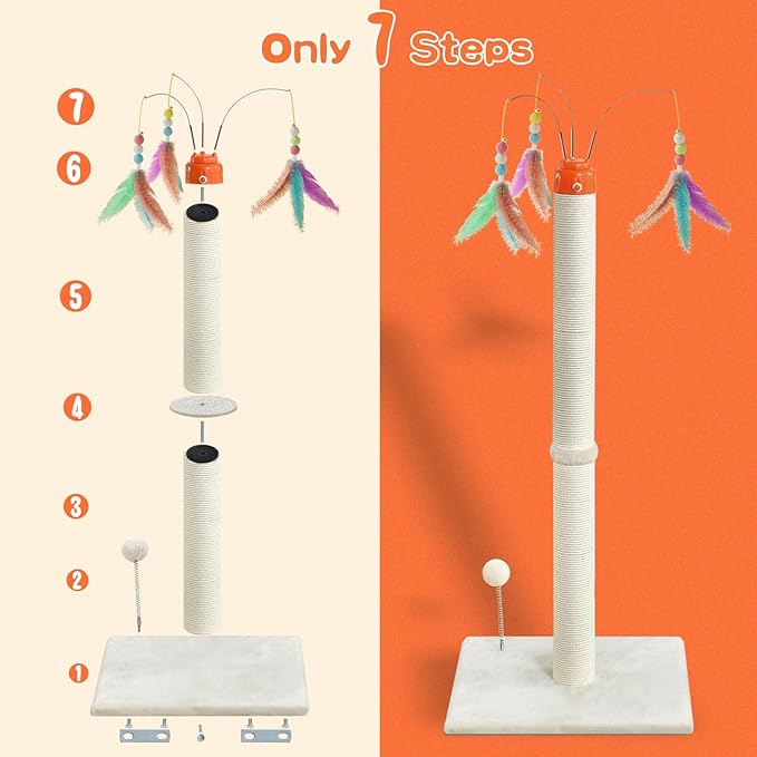 YARUOMY Cat Scratching Post ，41.3" Sisal Rope Cat Scratcher Tall Scratching Post for Indoor Cats Adult with Interactive Cat Toys Automatic Teaser Wand and Rotating Hanging Balls