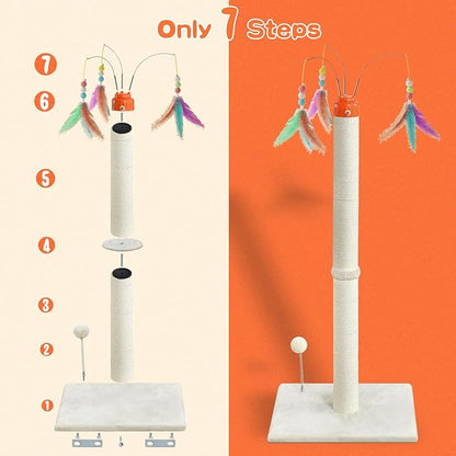 YARUOMY Cat Scratching Post ，41.3" Sisal Rope Cat Scratcher Tall Scratching Post for Indoor Cats Adult with Interactive Cat Toys Automatic Teaser Wand and Rotating Hanging Balls