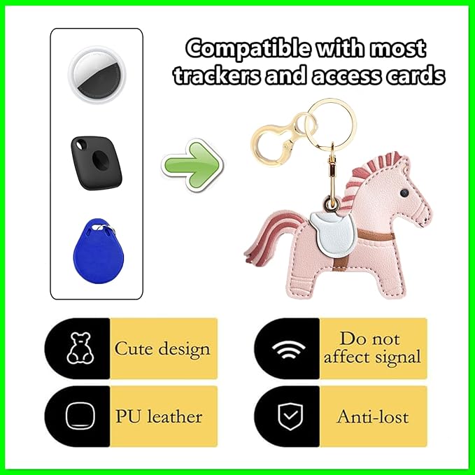 Leather Keychain Holder Case Compatible with AirTag,Cute Protective Cover with Keyring,Anti-Scratch Finder GPS Tracker Case for Wallet Keys,bag,pets,Backpack(Horse B)