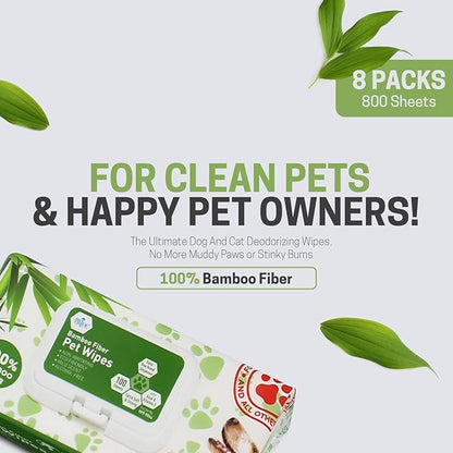 MED PRIDE Gentle Doggie Towelettes Biodegradable Pet Wipes XL – 100% Bamboo Fiber Dog & Cat Cleaning Wipes with Aloe Vera – 8”x8” Hypoallergenic Deodorizing Grooming – 8 Packs (800 Count)