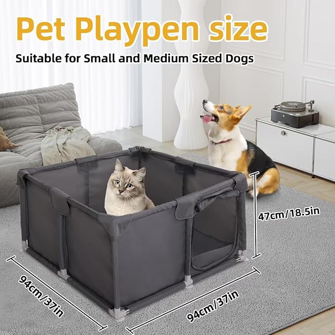 Puppy Playpen Indoor for Small Pets, 37"x37"x18.5" Dog Playpen with Zipper Door, Portable Oxford Fabric Pet Pen Anti-Tipping Design for Puppies, Kittens, Rabbits