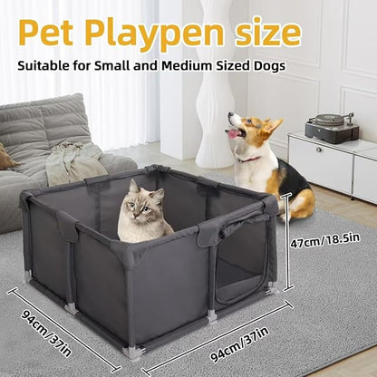 Puppy Playpen Indoor for Small Pets, 37"x37"x18.5" Dog Playpen with Zipper Door, Portable Oxford Fabric Pet Pen Anti-Tipping Design for Puppies, Kittens, Rabbits