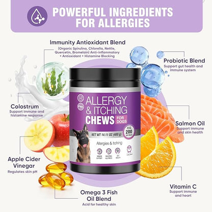 Dog Allergy Chews 200ct - Dog Allergy Itching Skin Relief & Immune Support Anti Itch Probiotics for Yeast, Itchy Skin and Itchy Ears, Vitamins for Seasonal Allergies Itchy Skin, Gut Health, Lamb