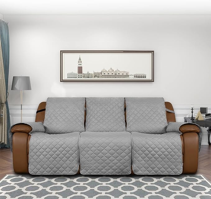 Easy-Going Oversized Recliner Sofa Cover, Reversible Couch Cover for 3 Seat Recliner, Split Sofa Cover for Each Seat with Elastic Straps for Kids, Dogs, Pets (3 Seater, Light Gray/Light Gray)
