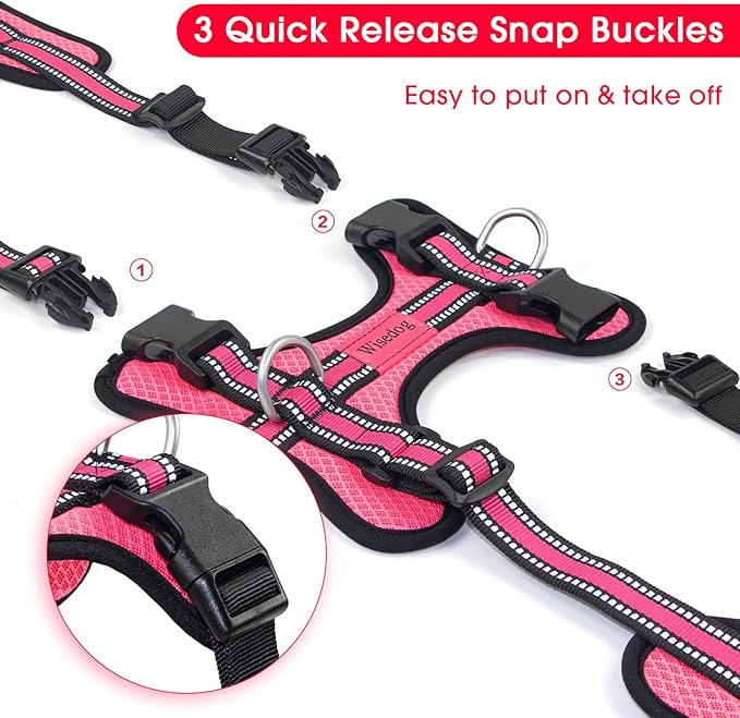 Wisedog Reflective No Pull Dog Harness - Adjustable Lightweight Pet Vest with 3 Fast-Release Buckles for Dogs Walking, Running and Training(M, Bright Pink)