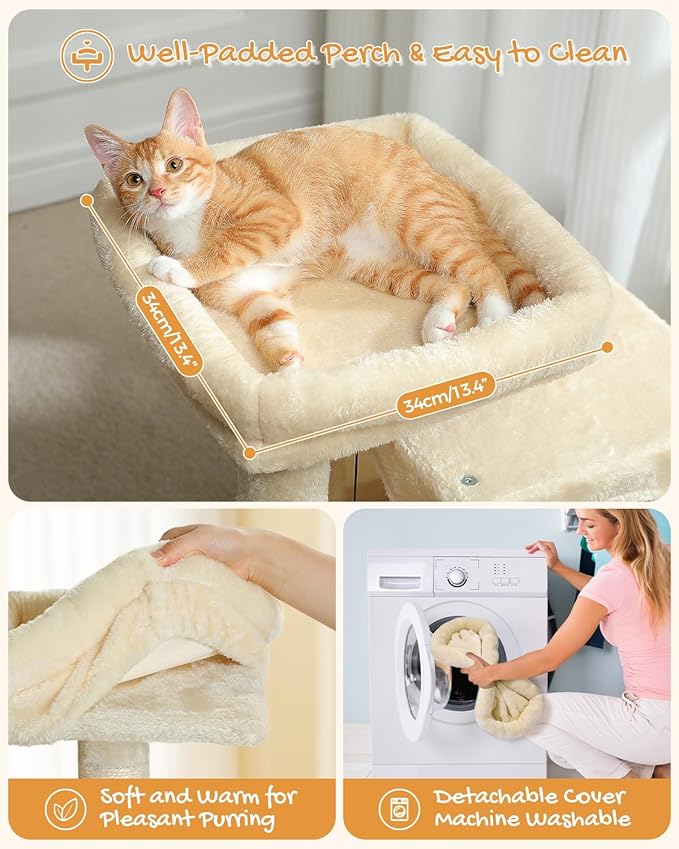PAWZ Road Cat Tree, 30 Inches Cat Tower with Dual Condos for Indoor Cats, Plush Cat House with Padded Perch, Scratching Ramp and Posts and Replaceable Balls-Beige