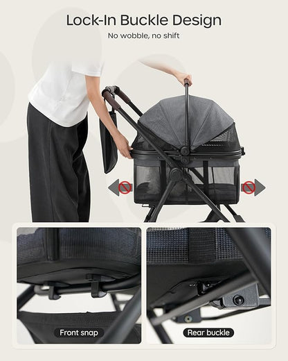 3 in 1 Pet Carrier Stroller with Detachable Carrier, Foldable Dog & Cat Stroller for Small/Medium Dogs up to 33 lbs, Large Storage Bag, Full Window Mesh, One-Touch Dual Brake, Car Seat