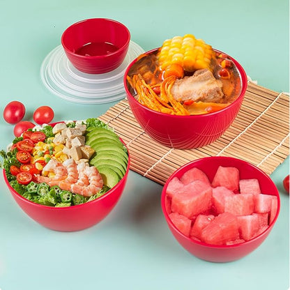 Small Classic Plastic Prep Bowls with Lids, Set of 4, Microwave and Dishwasher Safe (Red)
