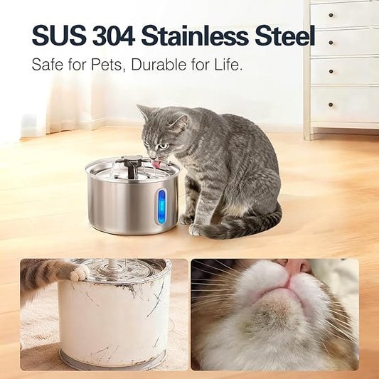 3L/101oz Stainless Steel Cat Water Fountain for Indoor Use - Ultra Quiet Automatic Cat Fountain for Drinking, BPA-Free Pet Water Dispenser for Cats/Small Dogs LED Window (2 Filters & 2 Sponges, Large)