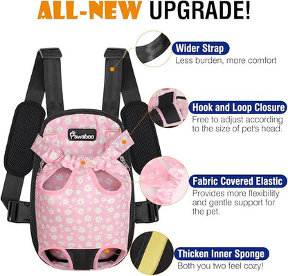 Pawaboo Pet Carrier Backpack, Adjustable Pet Front Cat Dog Carrier Backpack Travel Bag, Legs Out, Easy-Fit for Traveling Hiking Camping for Small Medium Dogs, Large Size, Black + Pink Daisy