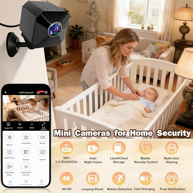 Mini HD 4K Wireless Camera Portable Nanny Cam with Night Vision, Motion Detection, and Phone App Live View - Compact Security Pet Camera for Home/Office 24/7 Cycle Save Video (Cube)